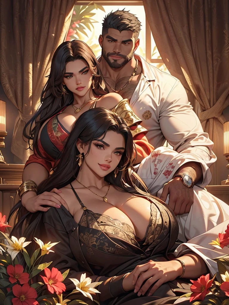 (Best Quality, 2k, Masterpiece, QHD: 1.3, A Handsome short haired african barbarian man is surrounded by three women up against him touching him and gaze at him, at a mansion, wearing Tracksuits that show off body, perfect bodies, women: long flowing hair, flowers in hair, seductive, materials, golden hour, , jewelry, golden hour, photorealistic, masterpiece, in love, small grin, perfect faces, Flirtatious-groping