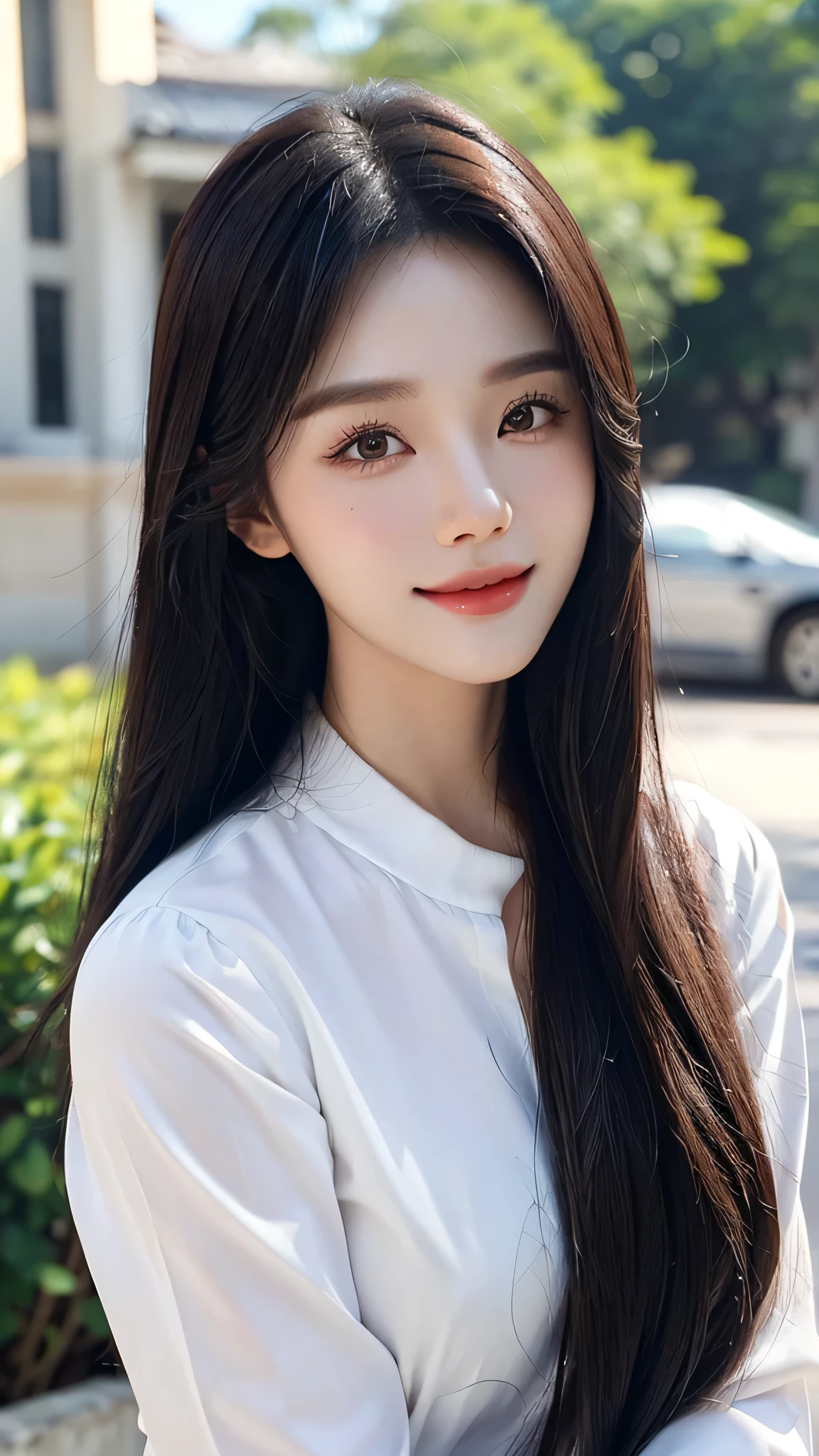 masterpiece、top-quality)、1 beautiful girl、((Wearing black sunglasses )), (Detailed beautiful eyes), ((Detailed skin)) , ((Detailed medium hair)), in the white villa、((Boyish Brown Medium Hair))、((Smaller face))、((Neutral face))、((Face seen from the side))、((Light brown eyes))、((Korean Girl))、((18year old))、((cool lady))、((A shy smile on his face))、((Korean Makeup))、((elongated and sharp eyes))、((Happy dating))、((boyish))、((Shot from the same height as your face)、on the white villa ), ((CG rendering)), ((Blurred background)), ((16K)), ((Very detailed)), ((wallpaper)), ((depth of field)), ((movie light)), (( Ray tracing)).