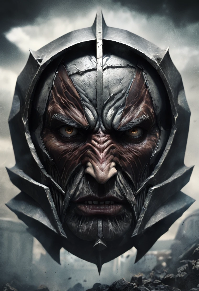 a large titan face, attack on titan, ultra detailed, highly realistic, photorealistic, 8k, 4k, hyper-realistic, realistic skin texture, extremely detailed facial features, piercing eyes, sharp nose, full lips, detailed musculature, intimidating expression, dark brooding atmosphere, dramatic lighting, moody shadows, cinematic composition, gritty, dystopian, dark fantasy
