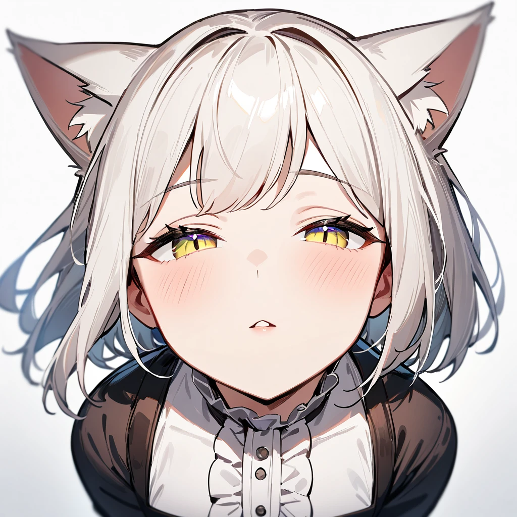 1girl,pov,portrait,Cat ear,Slit pupil,masterpiece,best quality, very aesthetic,absurdres,highlight,center frills,cat ear,medium shot,looking at viewer,half closed eyes,front view,(looking up),Parted lips,kiss,(from above),Dutch angle,straight-on,White hair,outstretched arms