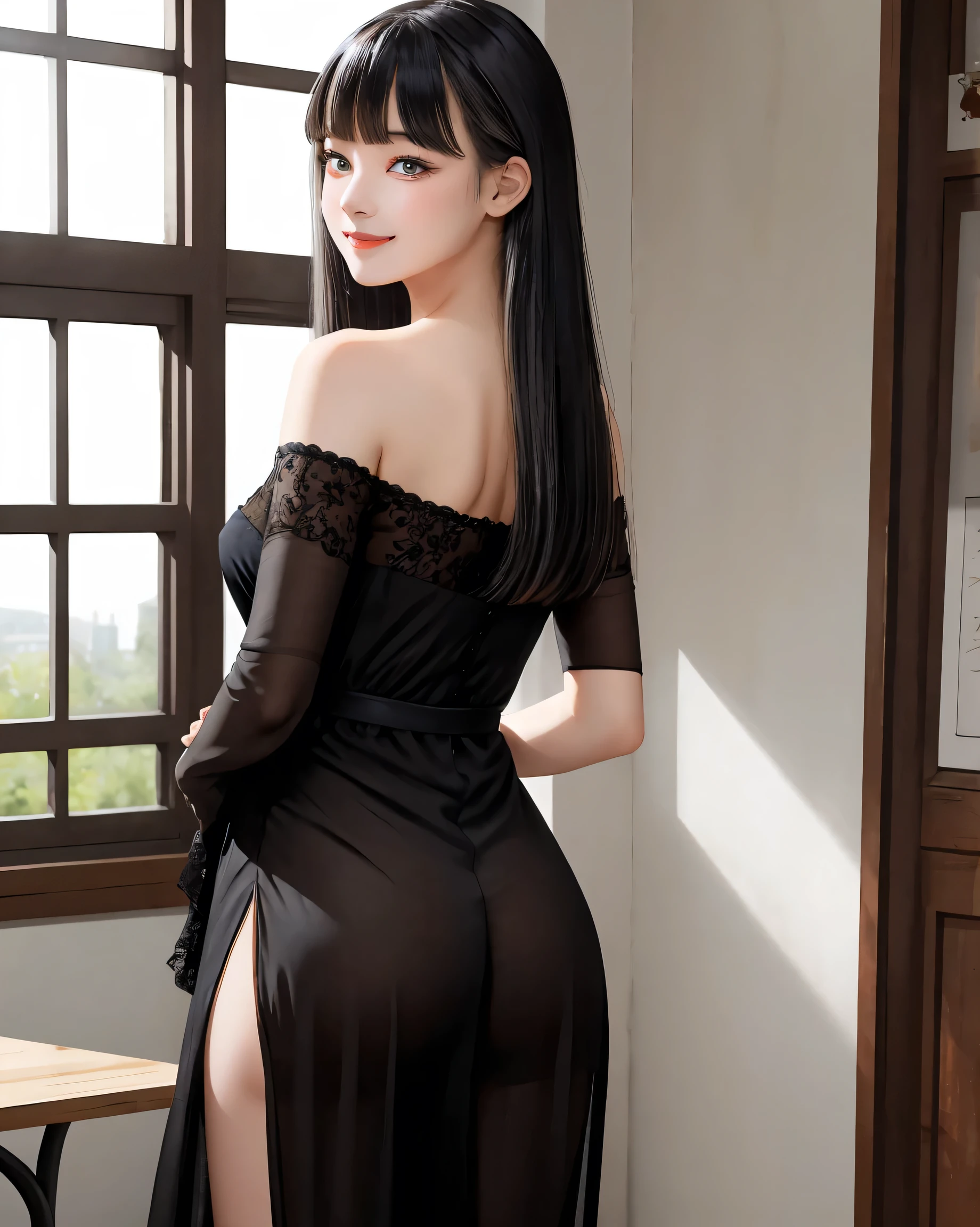 View from behind、(Realistic painting style:0.9), Tabletop, One Girl, alone, chest, Long Hair, Black see-through dress, Grey Hair, Chest cleavage, View your viewers, smile, Mouth closed, bangs, Grey Eyes, Big Breasts, Expose your shoulders, Large chest, Sexy pose、View from behind,Sexy Style,(Her butt is visible through her panties)