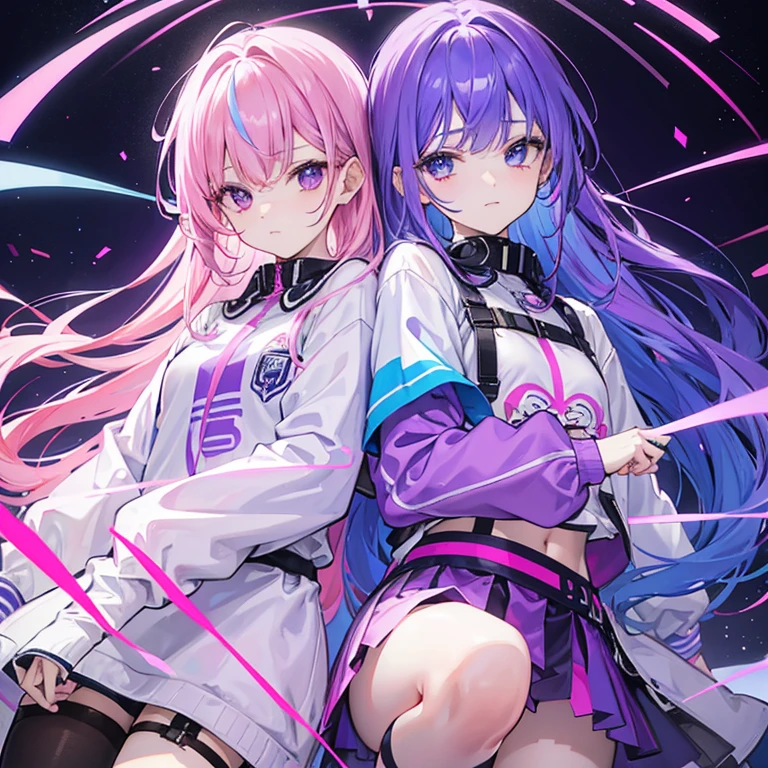 Bi sexual character, bi flag colors, pink and royal blue with an overlapping purple stripe in the center. Mostly pink and blue, small purple streaks or highlights. Hair has long pink roots, pink covering half of the hair, the tips to midpoint of the hair is purple. They are wearing the bi flag shirt that has one pink stripe, one smaller purple line in the middle, and the bottom line is royal blue.