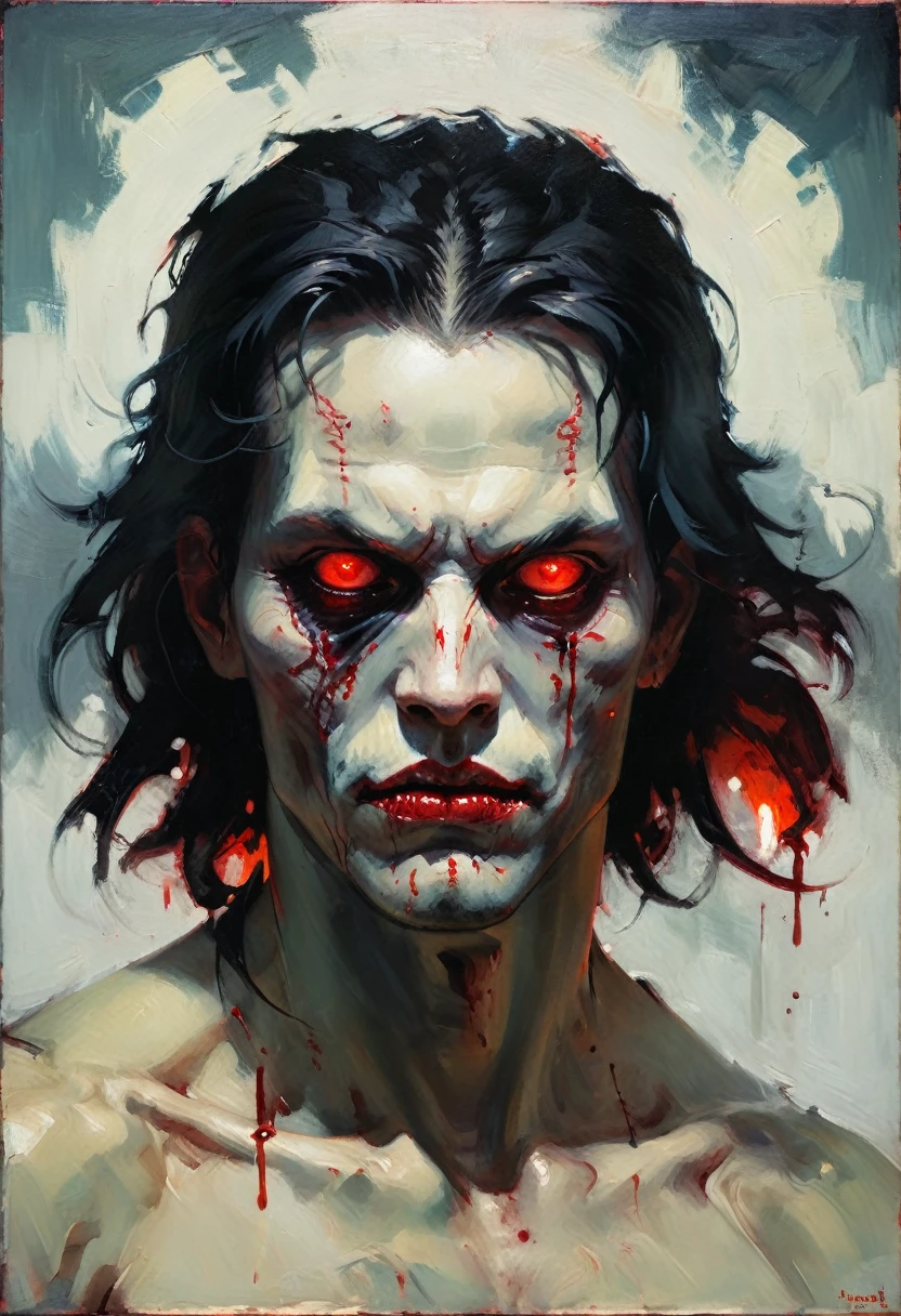 malcolm liepke painting on sensual illustration of an elegant samurai, riot games concept art beauty, eerie, the model draped in flowing, thick oil painting, extremely soft colors, vibrant, highly detailed, , oil on linen, high contrast, dramatic, refined, tonal, a close up of a man with a bloody face and red eyes, with glowing red eyes, with red glowing eyes, red glowing eyes, portrait demon half human, red eyes glowing, glowing red eyes, cyborg zombie, scary look, portrait of a zombie, with red eyes, zombie with white eyes, evil zombie, red - eyed, red-eyed