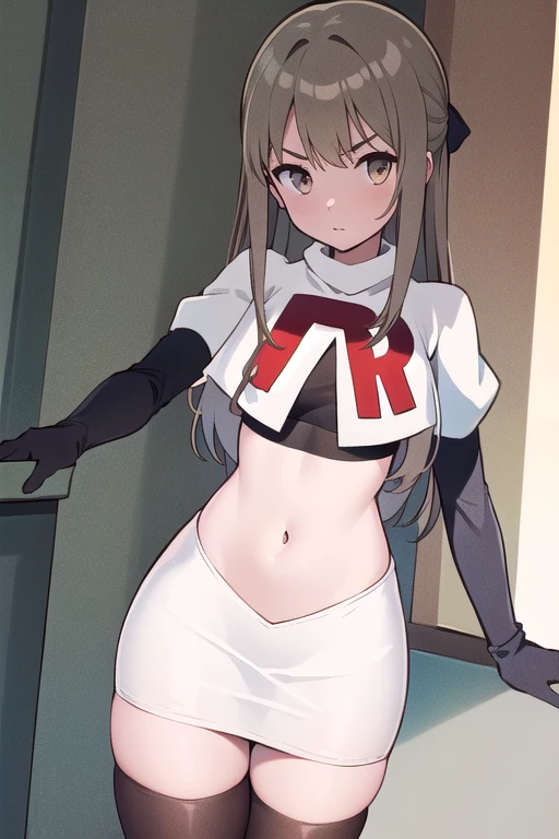 (((masterpiece))),highly detailed, ((best quality)) (highres), aki_rinco, (1girl), solo, brown_hair, eyebrows_visible_through_hair, grey_hair, looking_at_viewer, team rocket,team rocket uniform,white skirt,red letter R,crop top,black thigh-highs,black elbow gloves