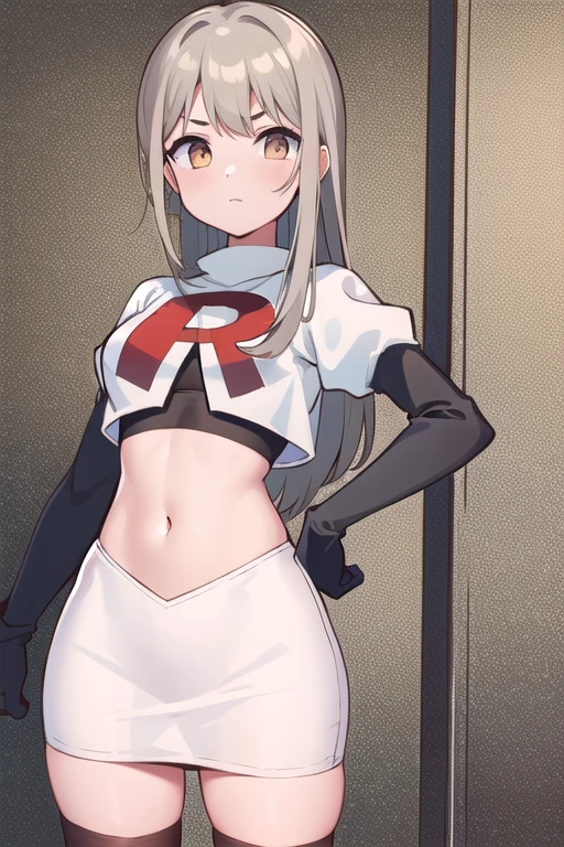 
(((masterpiece))),highly detailed, ((best quality))  (highres), aki_rinco, (1girl),  solo, brown_hair,  eyebrows_visible_through_hair, grey_hair, looking_at_viewer, team rocket,team rocket uniform,white skirt,red letter R,crop top,black thigh-highs,black elbow gloves