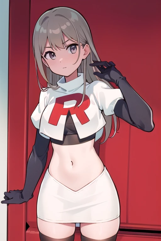 
(((masterpiece))),highly detailed, ((best quality))  (highres), aki_rinco, (1girl),  solo, brown_hair,  eyebrows_visible_through_hair, grey_hair, looking_at_viewer, team rocket,team rocket uniform,white skirt,red letter R,crop top,black thigh-highs,black elbow gloves