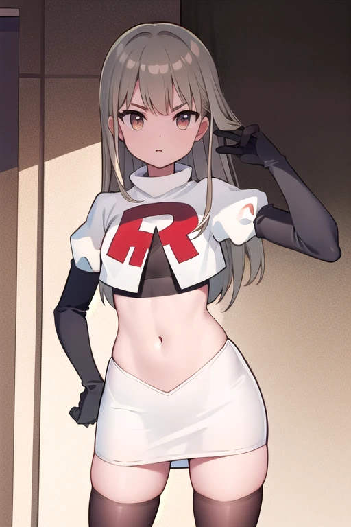 
(((masterpiece))),highly detailed, ((best quality))  (highres), aki_rinco, (1girl),  solo, brown_hair,  eyebrows_visible_through_hair, grey_hair, looking_at_viewer, team rocket,team rocket uniform,white skirt,red letter R,crop top,black thigh-highs,black elbow gloves