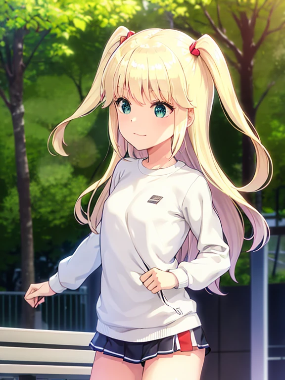 Shi○ru○, 1 girl, highest quality, Very detailed, (masterpiece), (figure), School, Outdoor, Upper Body, face, face focus, from the front, , Long sleeve, Blonde Hair, Long Hair, Green Eyes, Both sides up, Eyebrows visible through hair, Shine, bangs, Shine, Flat Chest,White gym clothes,Red Buller,nude