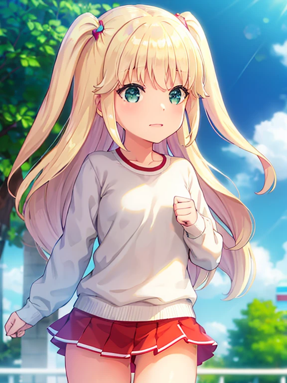 Shi○ru○, 1 girl, highest quality, Very detailed, (masterpiece), (figure), School, Outdoor, Upper Body, face, face focus, from the front, , Long sleeve, Blonde Hair, Long Hair, Green Eyes, Both sides up, Eyebrows visible through hair, Shine, bangs, Shine, Flat Chest,White gym clothes,Red Buller,nude