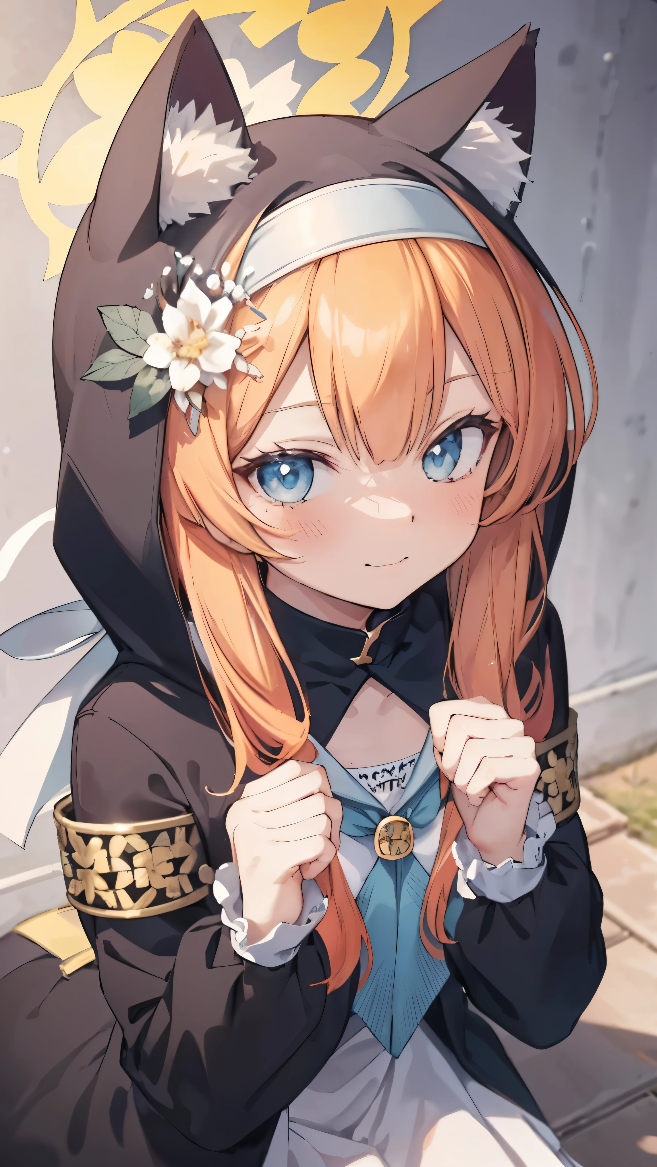 Marie、masterpiece、Best image quality、最high quality、Good looking girl (smile、blush, Perfect Face), independent , Looking into the camera, masterpiece, Anime art style, Cute Characters, Dynamic pose、Most detailed, high quality、Shiny Hair、Very fine and beautiful bright eyes、Very detailed, clear and beautiful face, Awards, Anatomically correct、Cat ear、Orange Hair、Lolita、Small breasts、uniform、Hooded、church