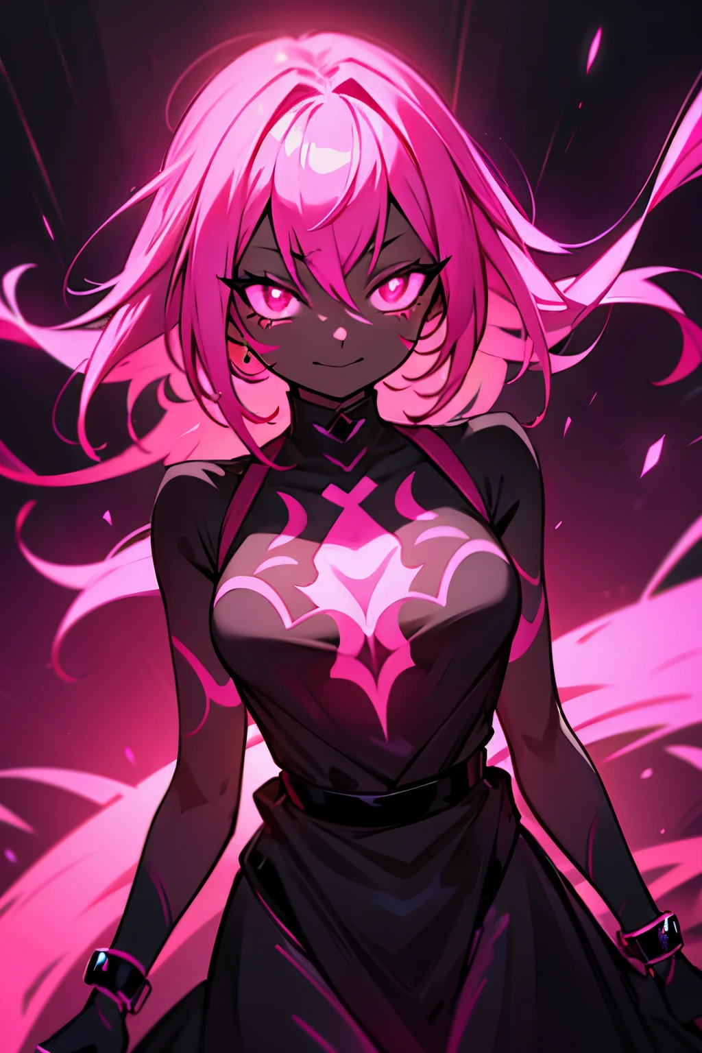 black skin, anime woman, happy, glowing pink eyes, glowing pink tattoos, medium length glowing dark pink hair, wearing a black dress