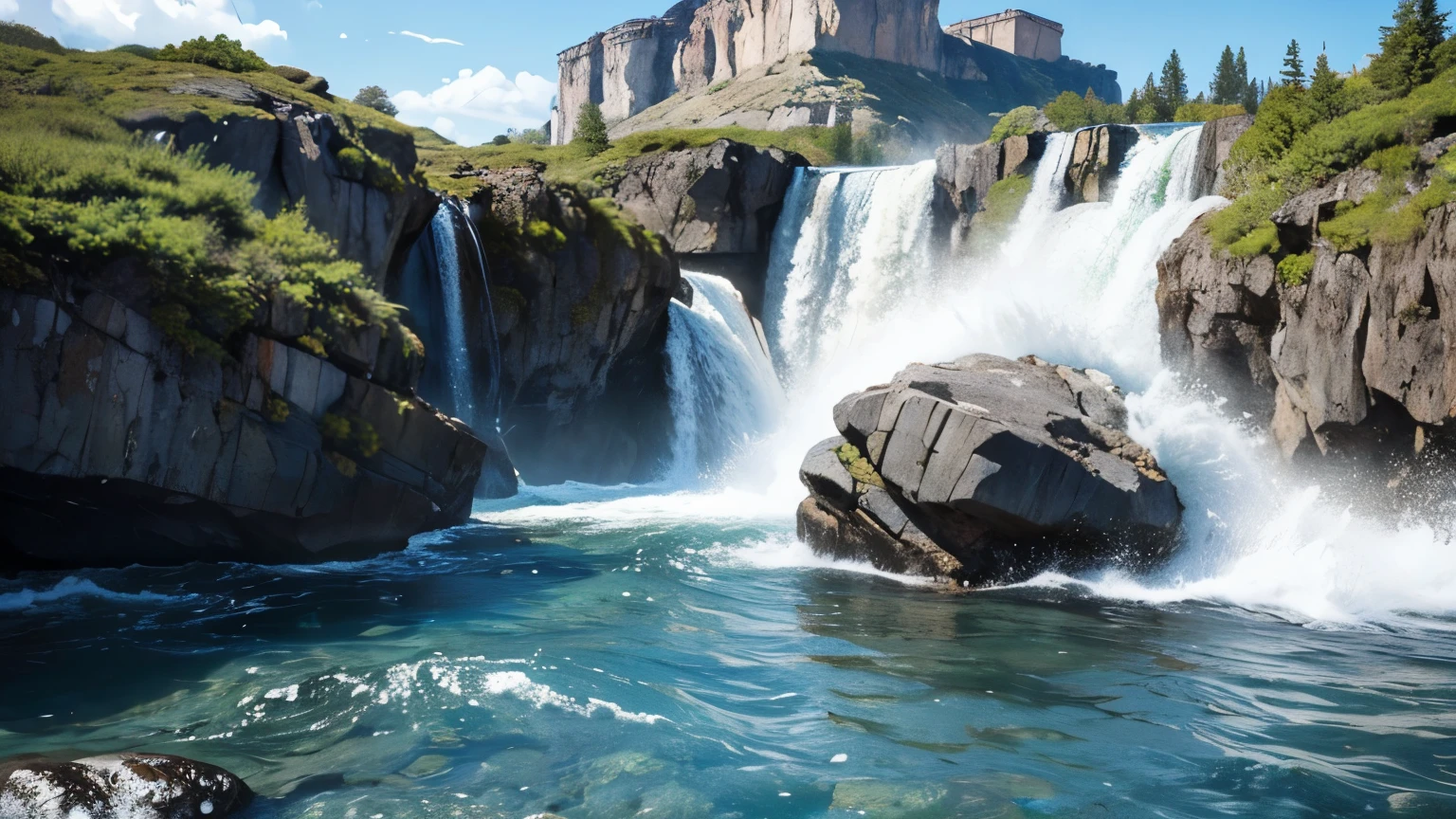 Generate an image that shows the flow of water through a porous rock. Represents the rock with a granular structure and uses arrows to show the movement of water from a high pressure area to a low pressure area."