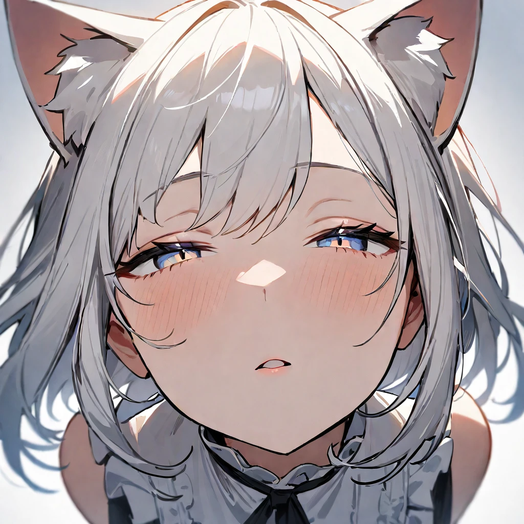 1girl,pov,portrait,Cat ear,Slit pupil,masterpiece,best quality, very aesthetic,absurdres,highlight,center frills,cat ear,medium shot,looking at viewer,half closed eyes,front view,(looking up),Parted lips,kiss,(from above),Dutch angle,straight-on,White hair,arms