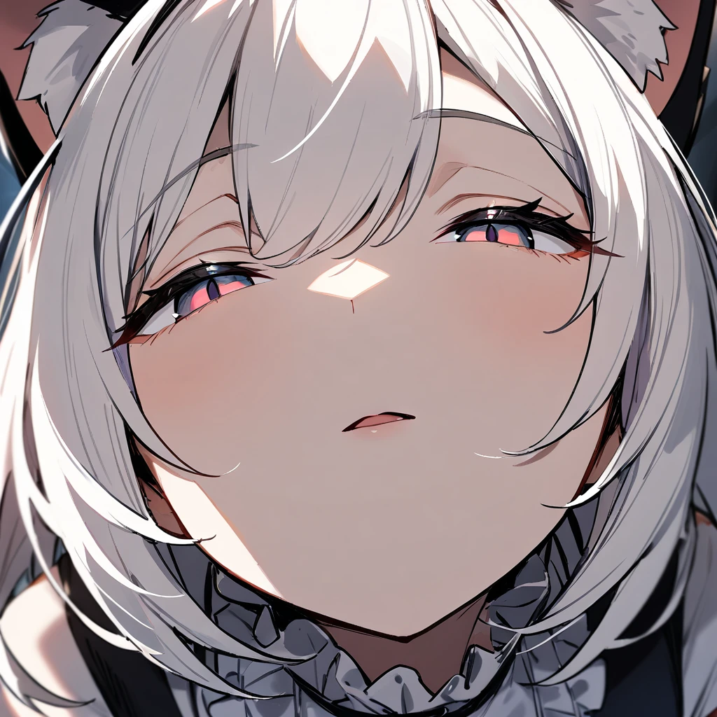 1girl,pov,portrait,Cat ear,Slit pupil,masterpiece,best quality, very aesthetic,absurdres,highlight,center frills,cat ear,medium shot,looking at viewer,half closed eyes,front view,(looking up),Parted lips,kiss,(from above),Dutch angle,straight-on,White hair,arms