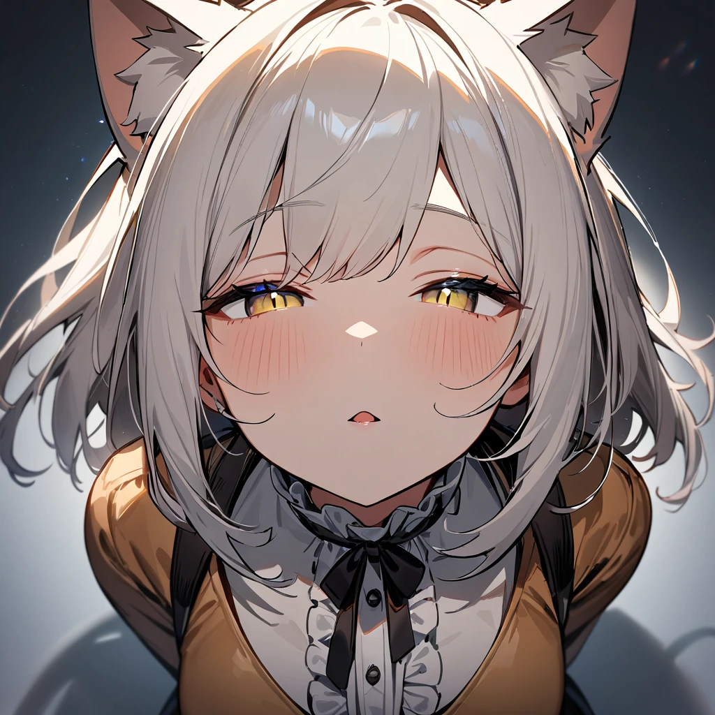 1girl,pov,portrait,Cat ear,Slit pupil,masterpiece,best quality, very aesthetic,absurdres,highlight,center frills,cat ear,medium shot,looking at viewer,half closed eyes,front view,(looking up),Parted lips,kiss,(from above),Dutch angle,straight-on,White hair,arms