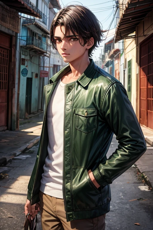menino, branco,14 anos, jaqueta verde, camisa branca, cabelo marrom, cidade, apocalipse zumbi, machucado