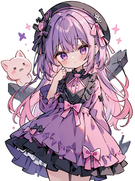 Absurd, High resolution, (Anime Style:1.1), ((Tabletop)), ((highest quality)), (Super detailed), (beautiful),beautiful face、(lift),length、アジイチGothタイル，Big eyes, Dense lines, Mixed Pattern，cute,1. Goth, Extending the pattern、Light purple hair、cute Ribbon、purple one piece clothes、Purple eyes、Simple background、Background gray、(((((One Girl、Purple mining suit、cute dress、A dress with a big pink bow、Pink ribbon dress)))))(体upon部、(((((One Girl )))))、((((upon、Youngest son))))、Gosic、{{{{{Gothic、体upon部}}}}}{{{{{{{{{{体upon部}}}}}}}}}}{{{magic}}}, ({{{{{Simple background、Fluffy hair}}}}})Medium format film camera, Natural blurred background,