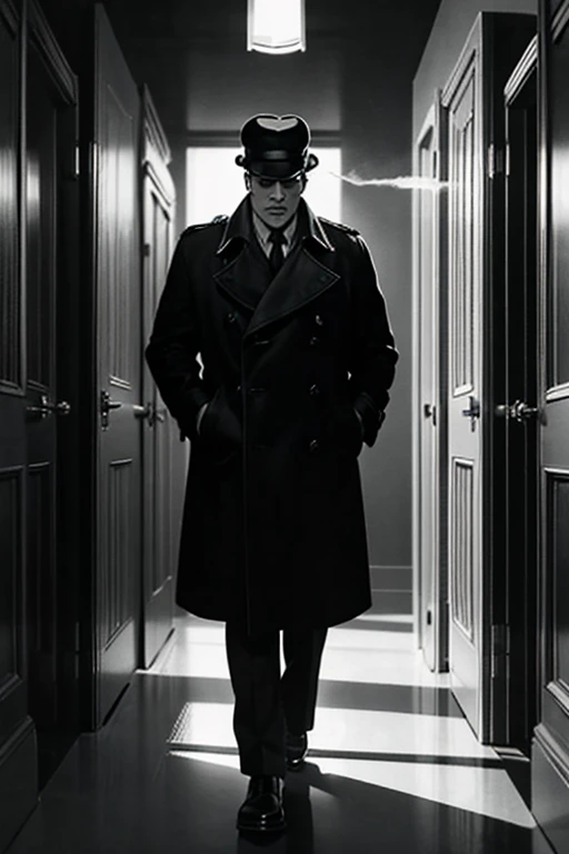 Film noir style, classic film noir style a man in a trench coat smoking a cigarette,cinematic,film,Hollywood,crime,drama,dramatic,dramatic light,low light,dim light,low-key light,shadow,partially covered in shadow,window light,dark light,cynical,1940s,1950s,classic,vintage,retro,visual style,realistic,film still,black film,night light,blue hour,motion picture,filmmaking style,neorealism,classic film noir style,solo,looking at viewer,1boy,hat,monochrome,greyscale,male focus,indoors,coat,facial hair,beard,cigarette,smoking,manly,lighter, Monochrome, high contrast, dramatic shadows, 1940s style, mysterious, cinematic