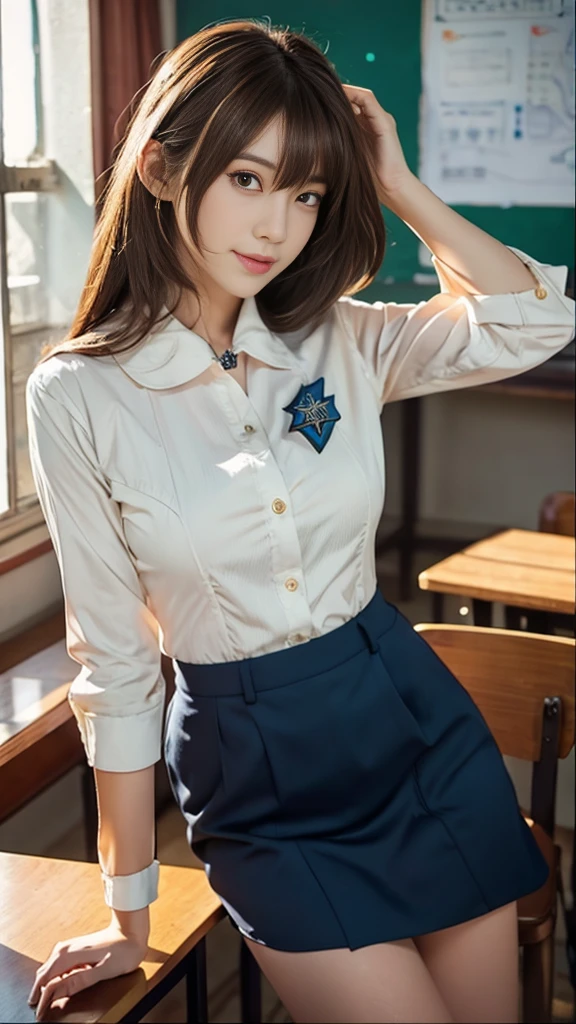 (Very detailedな CG Unity 8k 壁紙), (masterpiece), (highest quality), (Very detailed), (Best illustrations), (Best Shadow), (Absurd), Age 25, strong, Embarrassing, Sweat, vapor, The gaze of the viewer sees a female teacher with long hair, Brown Hair, White blouse, Black Skirt, Upturned eyes, Shining fluorescent lights, Full-length portrait of a person standing in a junior high school classroom.