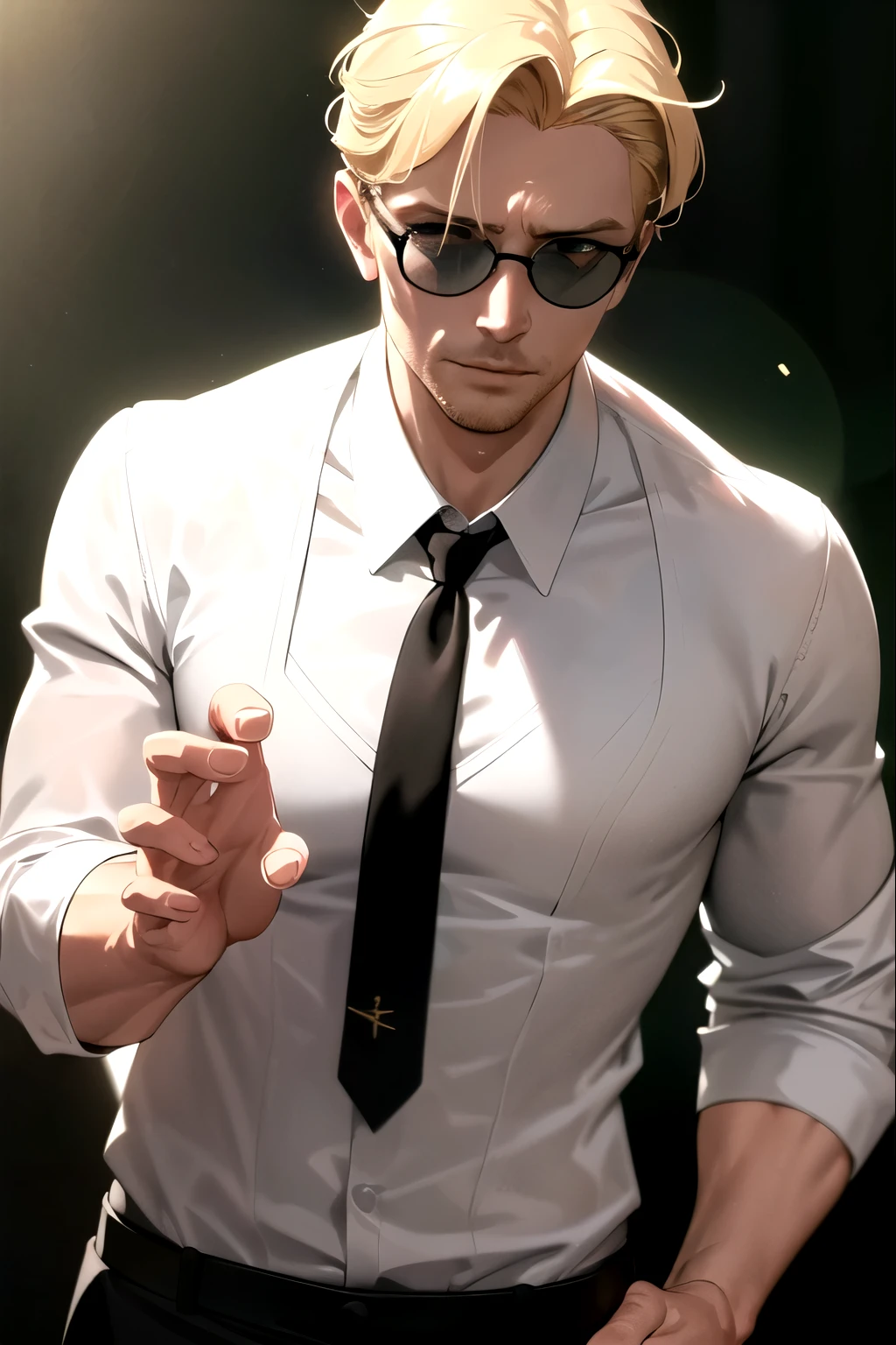a handsome man with blond hair and green eyes, wearing a white shirt and black pants, hand touching glasses as if about to take them off, highly detailed, realistic, photorealistic, 8k, masterpiece, digital art, portrait, cinematic lighting, cool color tones, dramatic shadows