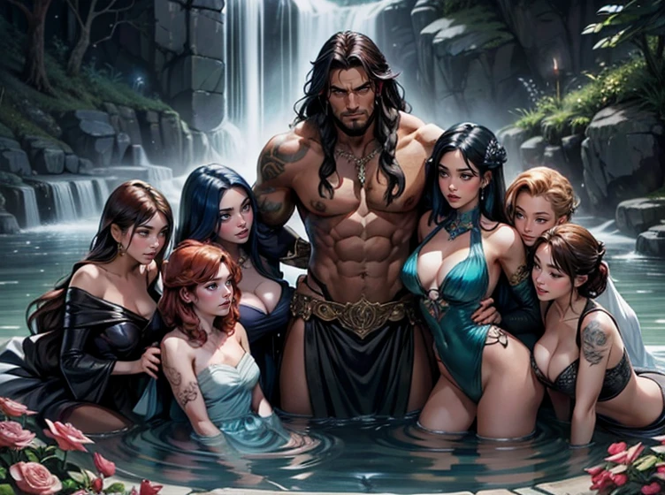 One Handsome short-haired tall huge barbarian beefy muscular Chad in center-of-composition hugging five beautiful bitches tackling him and touching him and feeling him and snuggling him,  dressed like goth punk witches princesses, perfect bodies, women: very long flowing hair, flowers in hair, tattoos, ornate materials, jewelry, 8k photography, raytracing, photorealistic, masterpiece, in love, grins, perfect faces, Flirtatious, setting: a heated first pond with a waterfall, dark except for candle light, harem, watercolor, racially diverse, adoration, worship, IF ONE PERSON IN THE PICTURE IS A MAN THEN THE REST MUST BE WOMEN, so many gorgeous women, SFW , different hair colors, women wear beautiful magical fantasy dresses , different skin colors, women have bare shoulders, man towers over everyone else, smiles 1.5, grins 1.5, laughter 1.5