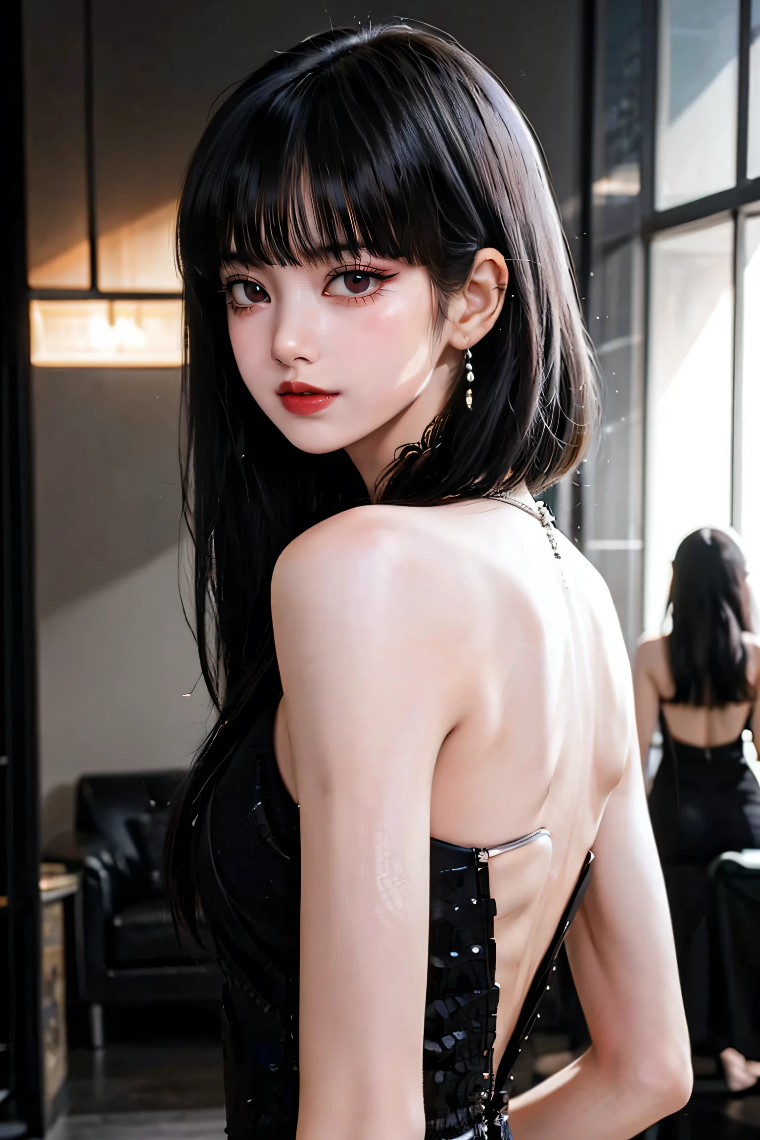 View from behind、(Realistic painting style:0.9), Tabletop, One Girl, alone, chest, Long Hair, Black see-through dress, Grey Hair, Chest cleavage, View your viewers, smile, Mouth closed, bangs, Grey Eyes, Big Breasts, Expose your shoulders, Large chest, Sexy pose、View from behind,Sexy Style