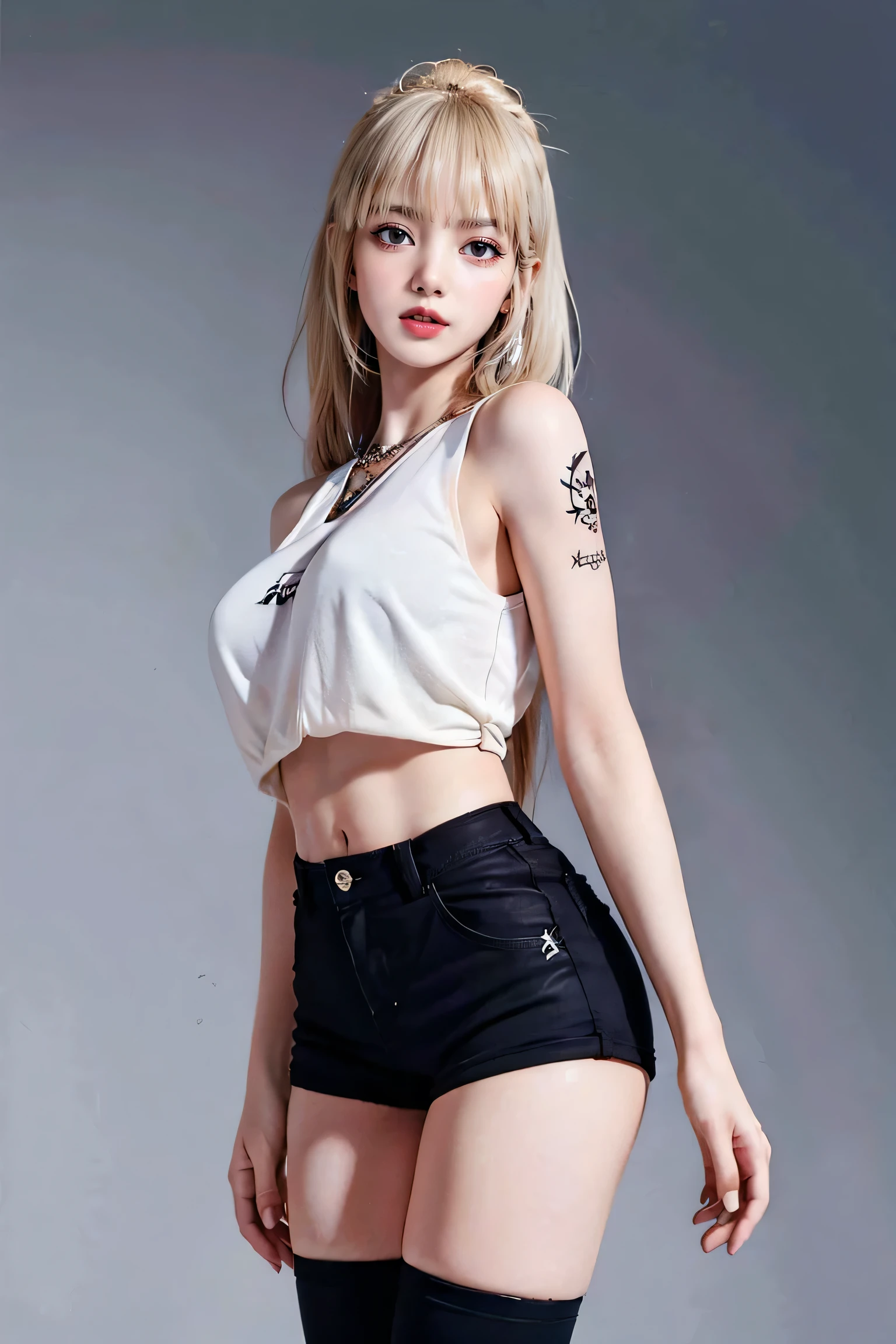wonderful, masterpiece, white hair, Golden Eyes, White clothes, look up, Upper Body, hair, Fair skin, Side braid, Dragon Girl, (beautiful, Pure beauty), (Advanced light, Sharp contrast, Strong Deep Shadow Strong), (perfection, The details are in order), (feminine, Fantasy Illustration, epic beauty, overhead lens, Exquisite character art) (((He has many tattoos all over his body)), Streetwear, (((Tight shorts))), blonde, (((Tight waist))), ((Big Breasts)),(See-through)