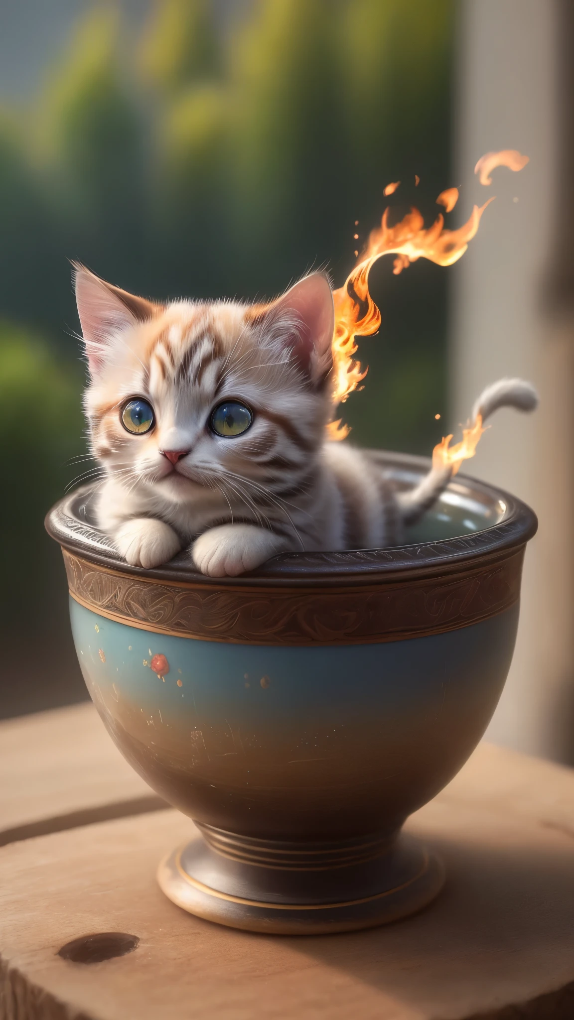 (Best quality,4K,8K,A high resolution,Masterpiece:1.2),Ultra-detailed,(Realistic,Photorealistic,photo-realistic:1.37),Escultura:1.37,Northern,south,Multiverse,Diverse landscape,Natural beauty,Ceramic craftsmanship,Glass surface,Cute teacup kitten,Flickering flames,Art gallery