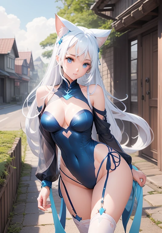girpink、leotard、whole body。blue eyes、White Hair、Functional、Seductive pose、front、noon、Outdoor、garden、Beach、No cat ears。