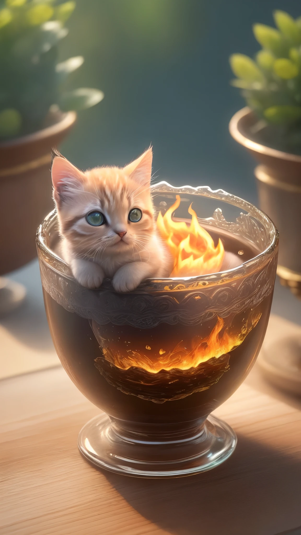 (Best quality,4K,8K,A high resolution,Masterpiece:1.2),Ultra-detailed,(Realistic,Photorealistic,photo-realistic:1.37),Escultura:1.37,Northern,south,Multiverse,Diverse landscape,Natural beauty,Ceramic craftsmanship,Glass surface,Cute teacup kitten,Flickering flames,Art gallery