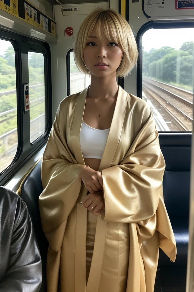 gyaru, dark-skinned, shiny oiled skin, blond hair, short cut hair, wearing japanese kimono, standing in the train , sunshine, deep fog