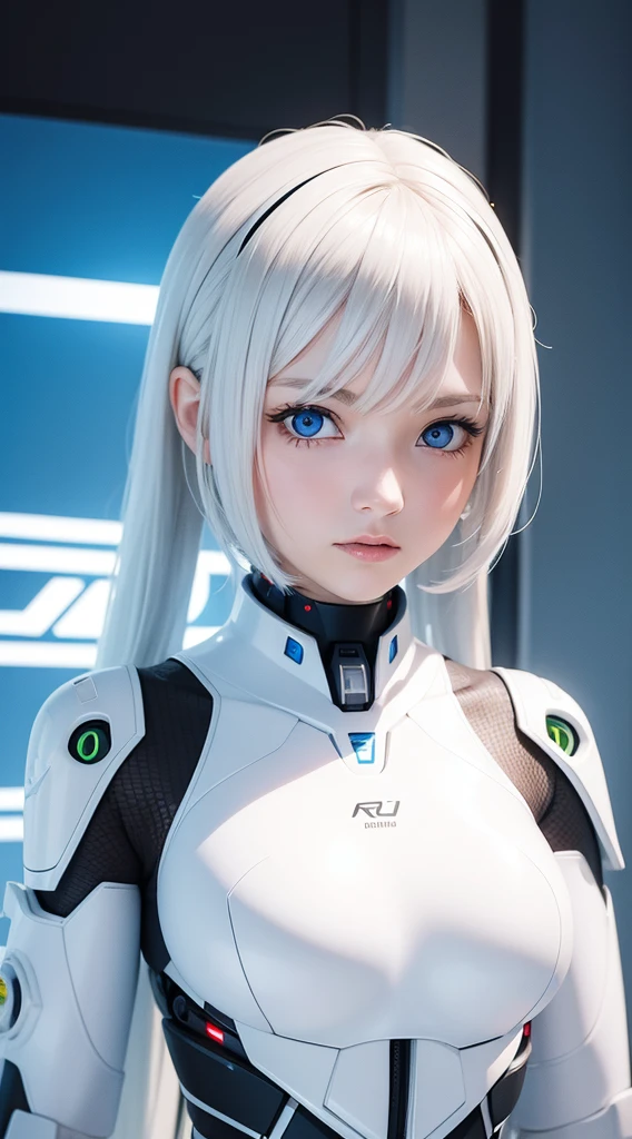 "Araffed Cyborg with high-resolution white plastic details, olhos azuis claros."