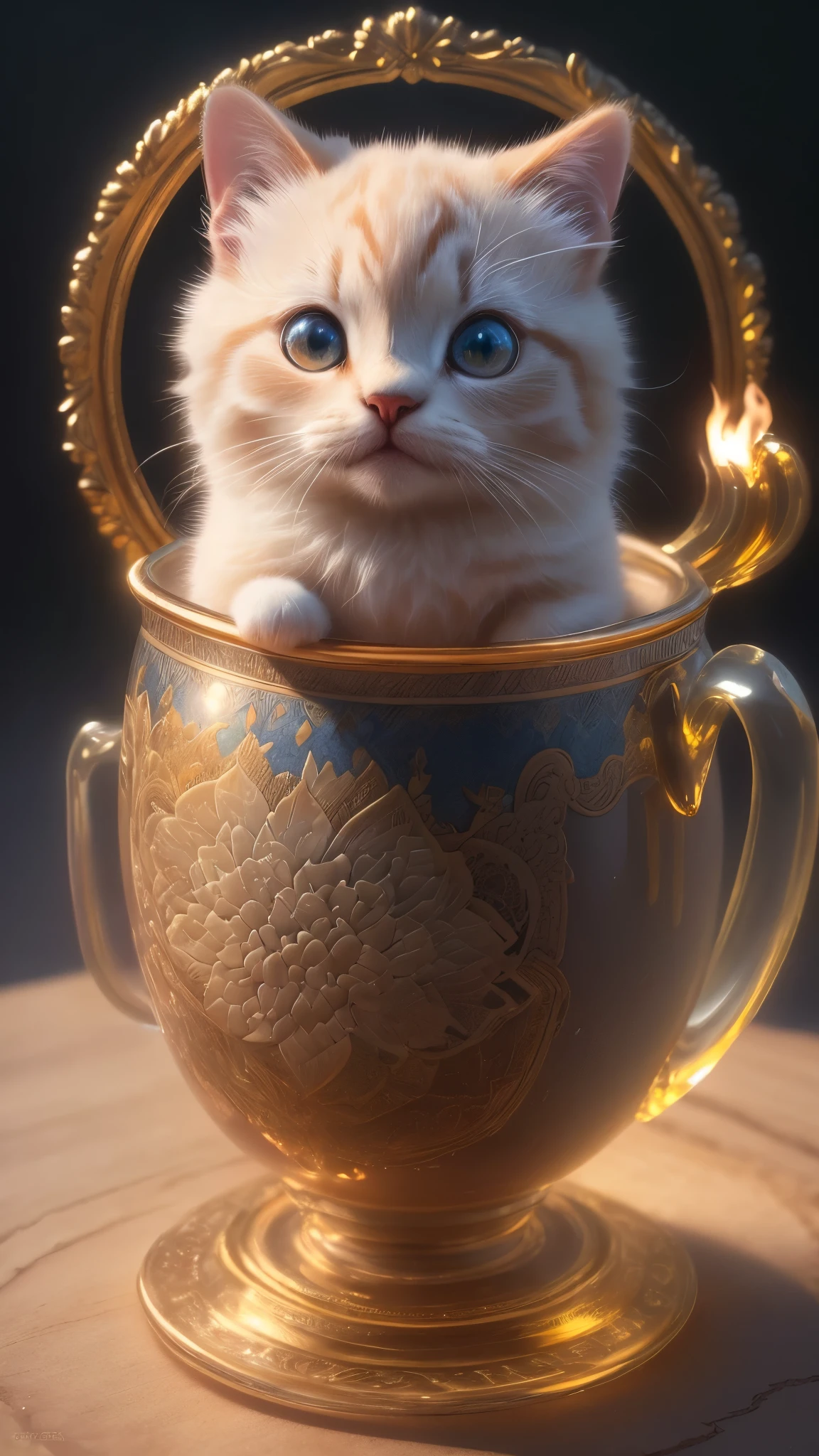 (Best quality,4K,8K,A high resolution,Masterpiece:1.2),Ultra-detailed,(Realistic,Photorealistic,photo-realistic:1.37),Escultura:1.37,Northern,south,Multiverse,Diverse landscape,Natural beauty,Ceramic craftsmanship,Glass surface,Cute teacup kitten,Flickering flames,Art gallery