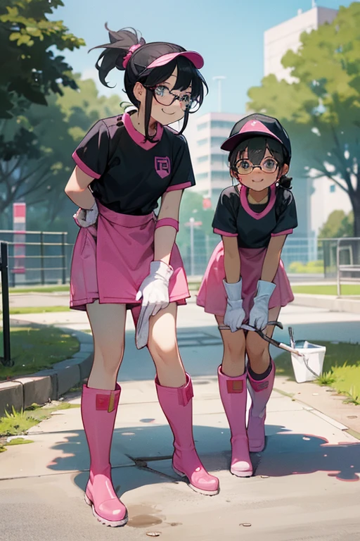 Two elementary school girls with glasses and black hair tied up in a ponytail, wearing white rubber boots, large pink rubber gloves, and gym caps, smiling, cleaning a dirty public toilet in a park.