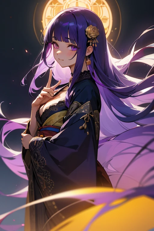 1 girl, Blunt bangs, Braiding, Wide sleeves, hair ornaments, kimono, Yellow and navy lace、(Purple Hair:1.2), Very long hair, Straight hair, Looking at the audience, Highly detailed background, (Realistic:1.2), Beautiful Eyes, Red eyeshadow, Written boundary depth,thigh, (Ulzzang-6500:0.7), Upper Body, (alone:1.2), Cleavage, Shiny skin、Hair blowing in the wind、Four fingers, One thumb、Rose、Floral pattern on clothes、Laugh gently、