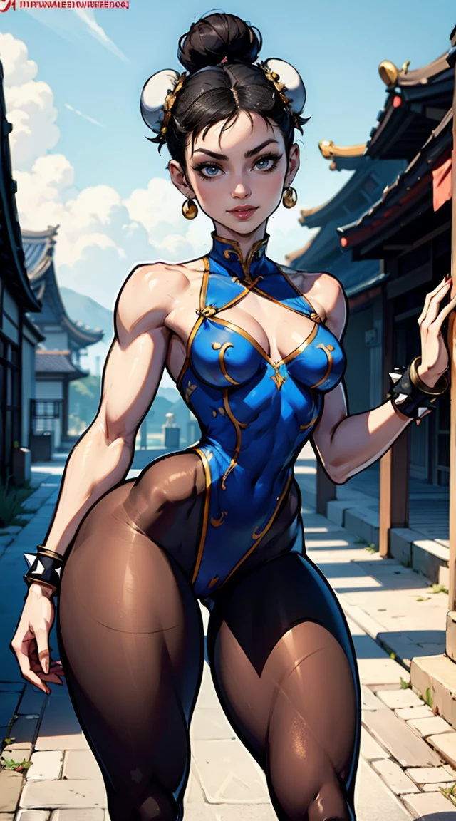 (Muscular:1.5), (thick thighs:1.3),
(asian female, pale skin, black hair, hairbuns:1.6), (adult), beauty mark,
(earrings, eyeshadow, lipstick),
detailed eyes, (big smile:1.2), detailed skin,
(small breasts:2),
(chun li outfit:1.5), (spike bracelets, brown pantyhose:1.5),
(upper body view:1.3), (looking at viewer), (three quarter view:1.2),
abandoned japanese village, rim lighting, two tone lighting, dimly lit, bokeh