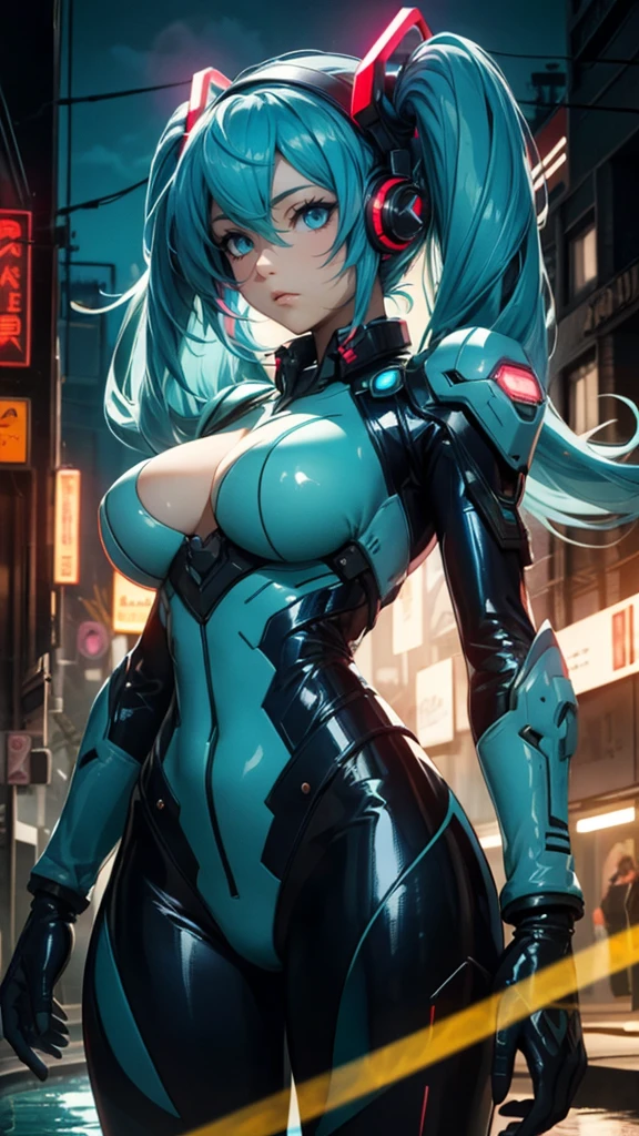 ((Highest quality))、(masterpiece)、Hatsune Miku VOCALOID、(Twin tails)、Light blue hair、Water-colored pupils、cyber punk、Ultimate Physical Beauty、Big Ass、(Big Breasts)、Bodysuits、Sexy pose、 has electronic visor fitted to her face、red latex body、Cyberpunk mode、(Light blue hair:1.4),Breast enlargement、Neon lights in the dark city at night,Unreal Engine:1.4,Ultra-high resolution,La highest quality:1.4, Realistic:1.4, Skin Texture:1.4, masterpiece:1.8,masterpiece, highest quality,(Beautifully detailed eye depiction)
