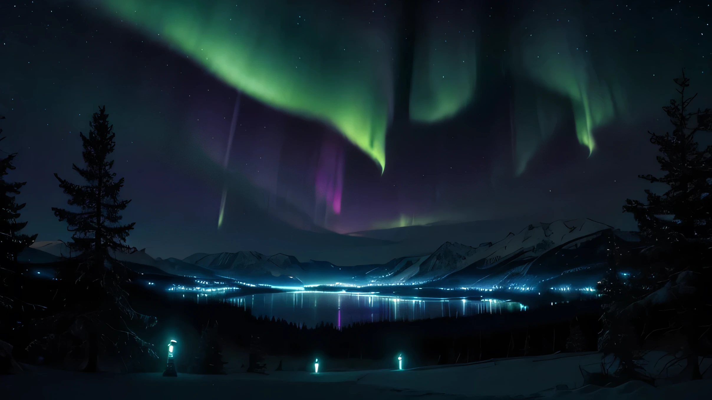 aurora bioluminescence over night sky, full moon, landscape, curtains of lights, colorful, vibrant colors, dreamlike, magnificent, blessed, light particles, masterpiece, highly detailed, magical effects, lighting, breathtaking rendering, magical elements, beautiful, bright flashes, Van Gogh painting style, silhouettes of forest