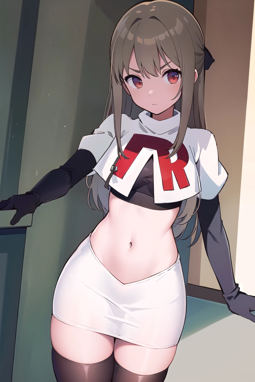 
(((masterpiece))),highly detailed, ((best quality))  (highres), aki_rinco, (1girl),  solo, brown_hair,  eyebrows_visible_through_hair, grey_hair, looking_at_viewer, team rocket,team rocket uniform,white skirt,red letter R,crop top,black thigh-highs,black elbow gloves