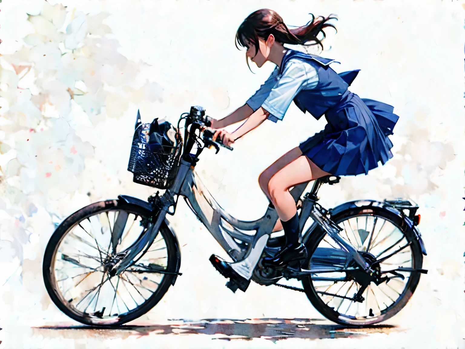 (masterpiece, highest quality:1.2), Reality、One girl riding a bicycle, alone、high school girl、uniform、(From before)、Blank background、White background、Watercolor style、