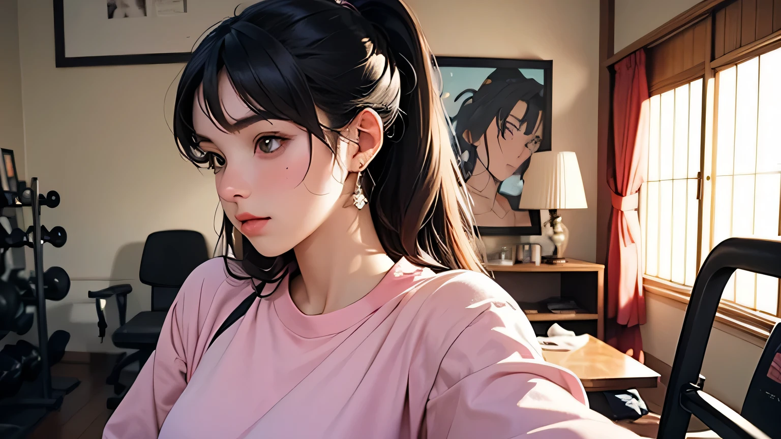 8k, highest quality, super high resolution, 1 female, 1980s pop culture anime style, 21 years old, (masterpiece, high resolution, detailed), Japanese shortcut,, B cup (photorealistic): 1.4), ( famous Japanese actress: 1.2), very beautiful, cute, professional photo, 1 girl, woman wearing pink gym clothes and taking a selfie in front of the mirror, 18 years old, 21 years old, athlete, 2 female model, Adidas clothes, Dua Lipa, Cottagecore!! Fitness body, inspired by Ion Andreescu, Beer Madison, 22 years old, 19 year old girl, profile pictures