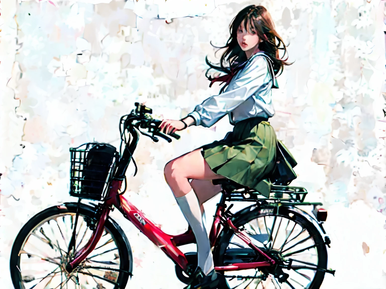 (masterpiece, highest quality:1.2), Reality、One girl riding a bicycle, alone、high school girl、uniform、(From before)、Blank background、White background、Watercolor style、