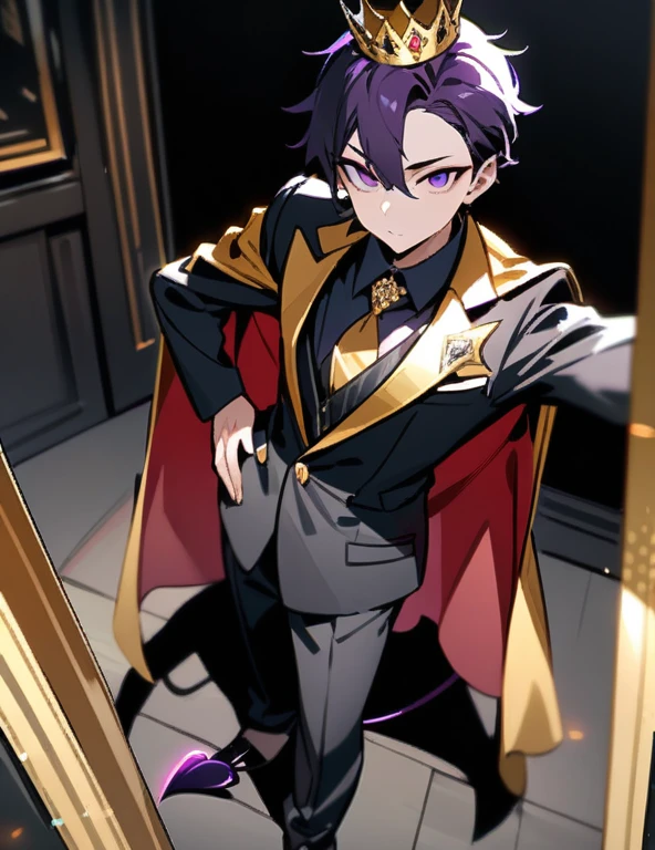 Masterpiece, best quality, high quality, 1 demon boy, alone, male focus, looking at viewer, full body, dark purple hair, purple eyes, gold crown, elegant cape, elegant black suit, millionaire jewelry, demon tail ,black shoes, taking a selfie camera