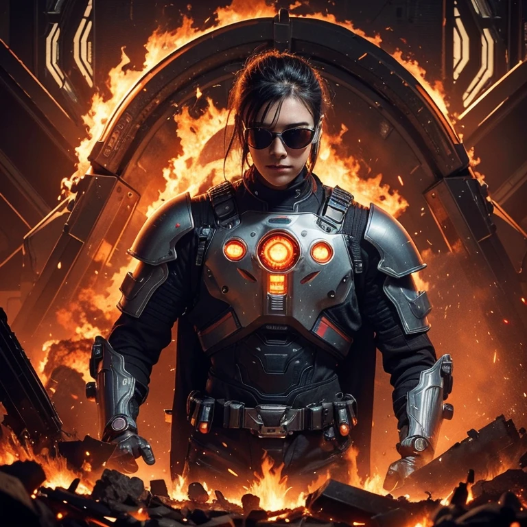 a close up of a robot in a building with a sunglasses  on, cyberpunk flame suit, cyberpunk armor, cyberpunk suit, sci - fi suit, intricate cyberpunk armor, cybernetic fire armor, apex legends armor, cyber suit, cybernetic flame armor, clothed in sci-fi military armor, warrior in sci-fi armour, sci - fi armor