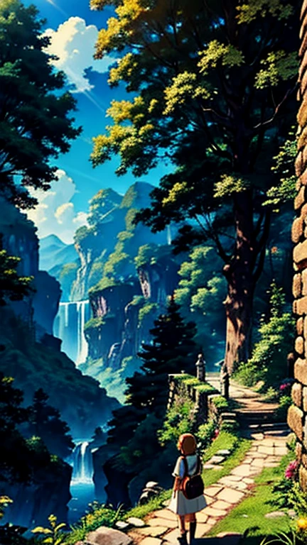 studio Ghibli style landscape, (sunlight:1.3), ruins,1girl