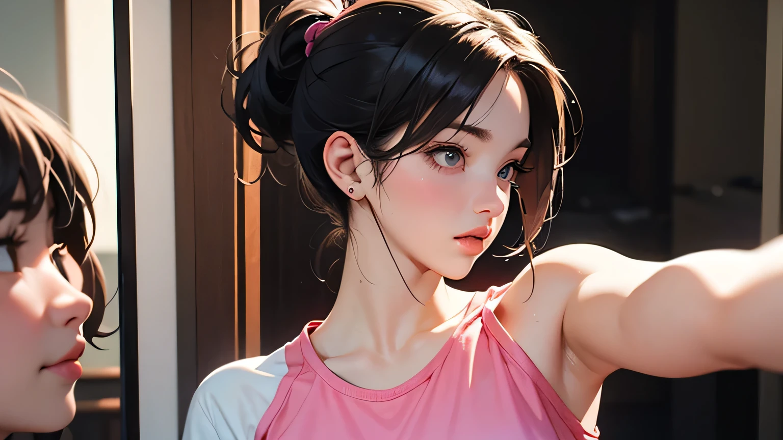 8k, highest quality, super high resolution, 1 female, 1980s pop culture anime style, 21 years old, (masterpiece, high resolution, detailed), Japanese shortcut,, B cup (photorealistic): 1.4), ( famous Japanese actress: 1.2), very beautiful, cute, professional photo, 1 girl, woman wearing pink gym clothes taking a selfie in front of the mirror, female model, Adidas clothes, Dua Lipa, Cottagecore!! Fitness body, inspired by Ion Andreescu, Beer Madison, 21 years old, girl, profile picture
