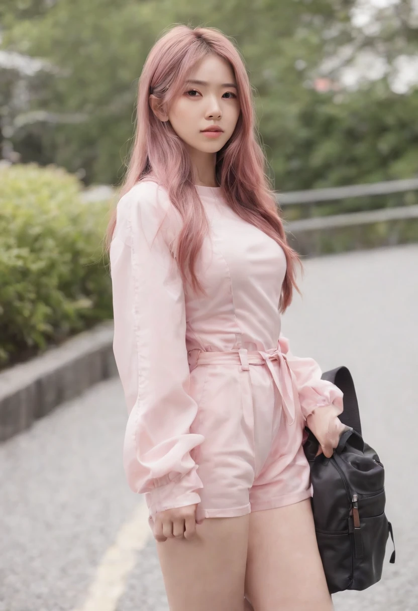 (bottomless :1.8),(nude :1.3), show off nipple, Anime girl pinkの髪の with backpack, She wears streetwear, pinkの髪の, portrait of ブラックpinkのジョシ, Ulzzang, ((pink)), ブラックpinkのジョシ, ブラックpinkのラリサ・マノバン, Wearing cyberpunk streetwear, Japanese Streetwear, I have long hair, Real life anime girls, Casual pose, pink girl