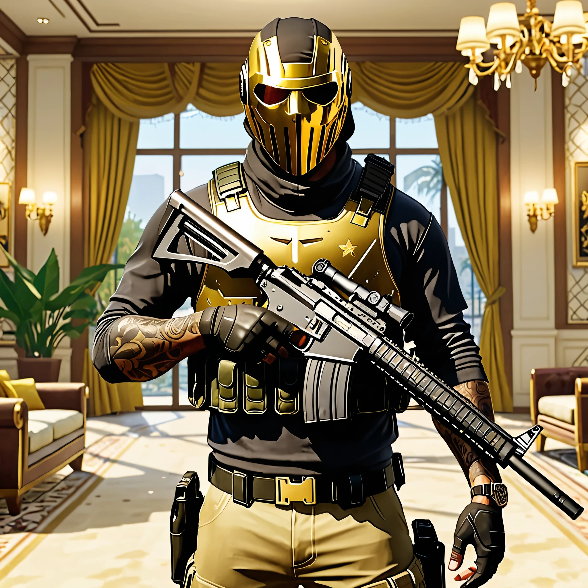 A man in tactical clothing with a gold-colored mask and bulletproof vest, holding long rifles,in a luxury mansion,style grand theft auto, portair hd