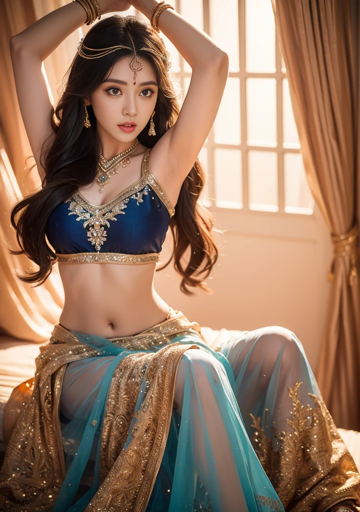 4K, Ultra-high resolution, masterpiece, 1 girl, Nice face, Fine grain, Detailed lips, Very long hair, Straight hair, Very long hair, Beautiful Hair, hair Decorations, hair band, Gradient Hair, ((Indigo Lehenga)), ((Bridal Lehenga)), ((Decorative blouse)), sardine, ((Lehenga Jewelry)), ((Blue lace)), ((Diamond Bracelets)), Decorations, necklace, Earrings, high intensity lighting, ((Bare Belly)), Wedding Stage, Fujicolor, Depth of written boundary, Ray Tracing, Ultra-Realistic Details,