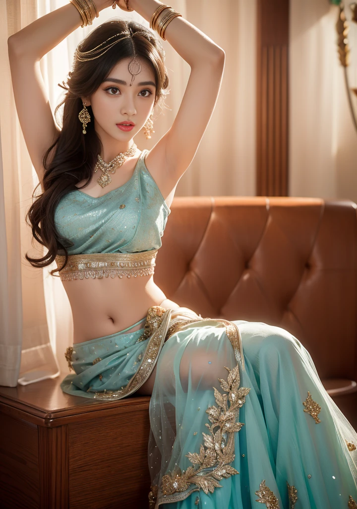 4K, Ultra-high resolution, masterpiece, 1 girl, Nice face, Fine grain, Detailed lips, Very long hair, Straight hair, Very long hair, Beautiful Hair, hair Decorations, hair band, Gradient Hair, ((Indigo Lehenga)), ((Bridal Lehenga)), ((Decorative blouse)), sardine, ((Lehenga Jewelry)), ((Blue lace)), ((Diamond Bracelets)), Decorations, necklace, Earrings, high intensity lighting, ((Bare Belly)), Wedding Stage, Fujicolor, Depth of written boundary, Ray Tracing, Ultra-Realistic Details,